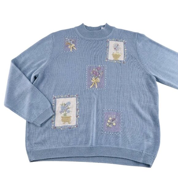 Alfred Dunner Sweaters - Vintage Alfred Dunner Blue Sweater Floral Embroidery XL Flowers Bows grandma